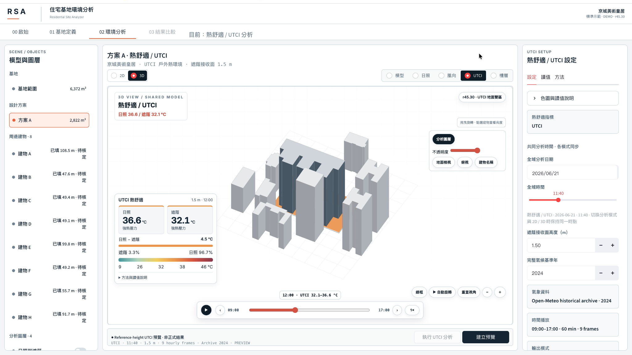 RSA UTCI prototype interface showing sun versus shade thermal comfort summaries and building context